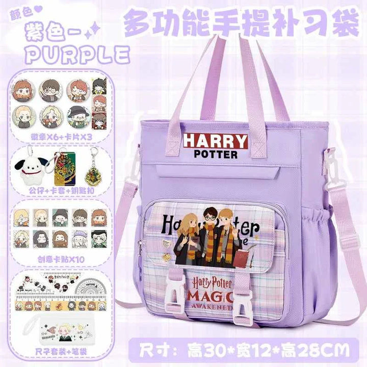 Purple Harry Potter-themed school backpack with cartoon characters, multiple pockets, and free 27-piece accessory set, lightweight and durable for daily use.