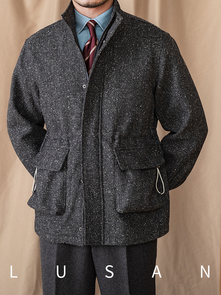 Mr. Lusan Italian gentleman jacket brown and charcoal tweed with high collar and pockets