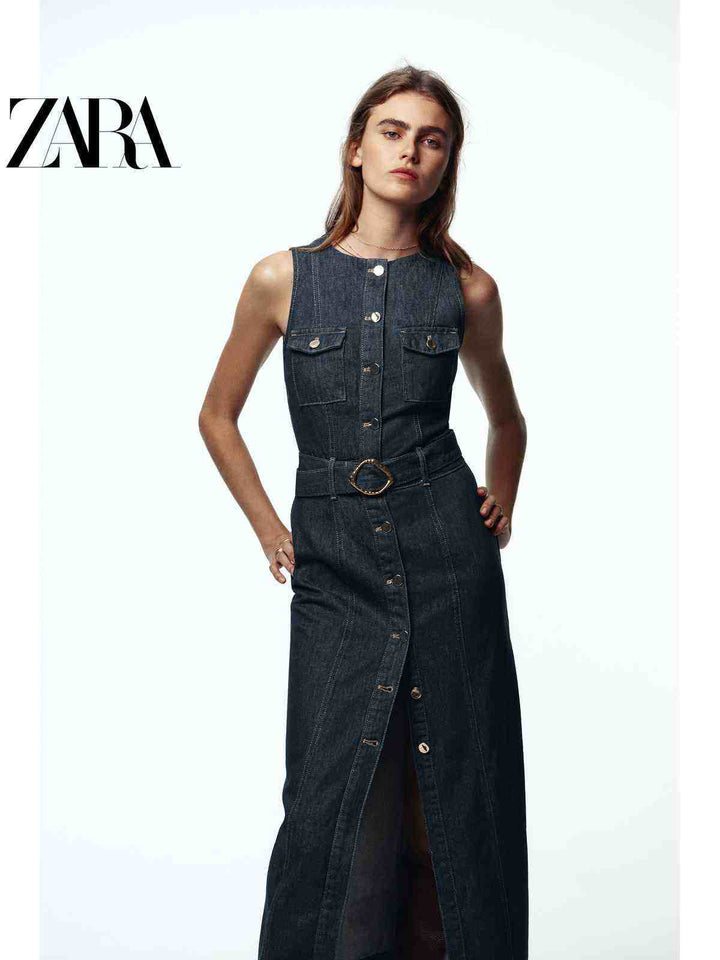فستان دنيم نسائي بدون أكمام مع حزام من مجموعة ZARA2025 Fall لخريف النساء