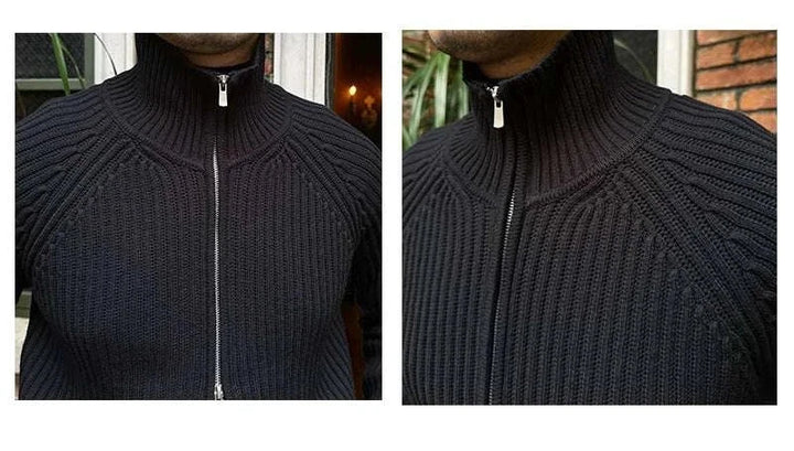 Mr. Lusan cardigan retro slim black knit sweater with double zipper and ribbed texture