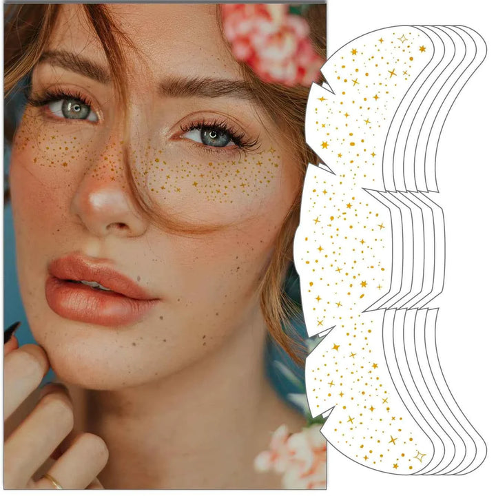 Taylor Swift Freckle Makeup Patches on woman’s cheeks creating a glowing, starry freckle effect with decorative patch designs shown alongside.