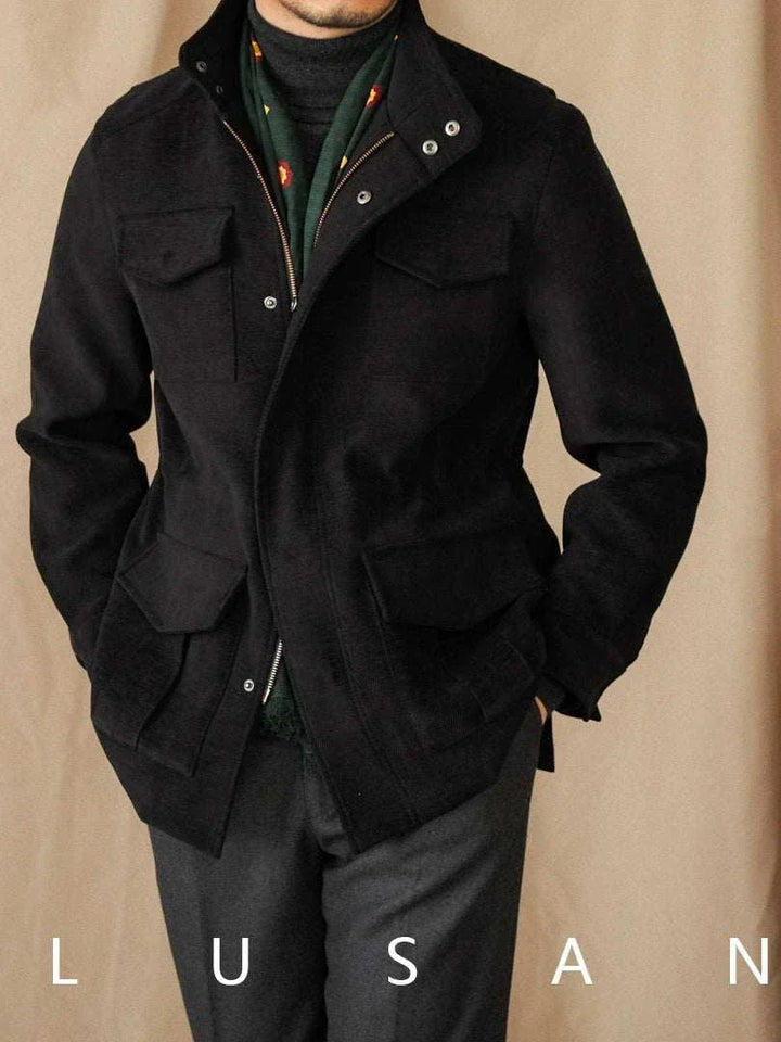 جاكيت Mr. Lusan Gentleman Suit Italian بني داكن بخياطة إيطالية وقماش مخملي مخطط بأزرار ضغط وجيوب أمامية كبيرة