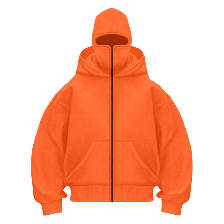 هودي النينجا بسحّاب وقناع مدمج بلون برتقالي مصنوع من قماش فروي سميك مناسب للطقس البارد والرياضة الخارجية