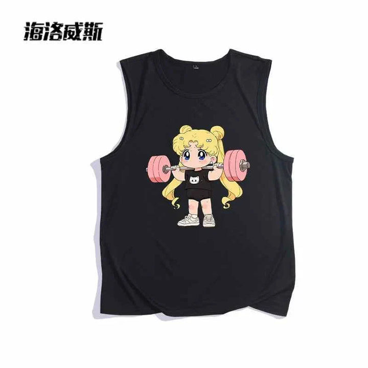 Black sleeveless girls' sports tank top with cute anime girl lifting pink weights and cat design.