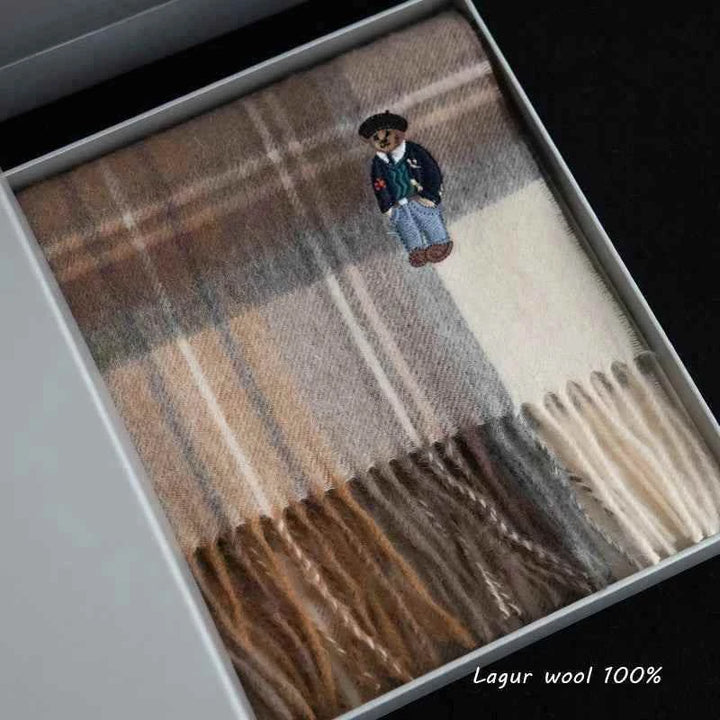 وشاح صوفي 100% من فريق UK order bear بتصميم بريتيش كلاسيكي مخطط سميك للشتاء بلون محايد مع تطريز دب صغير