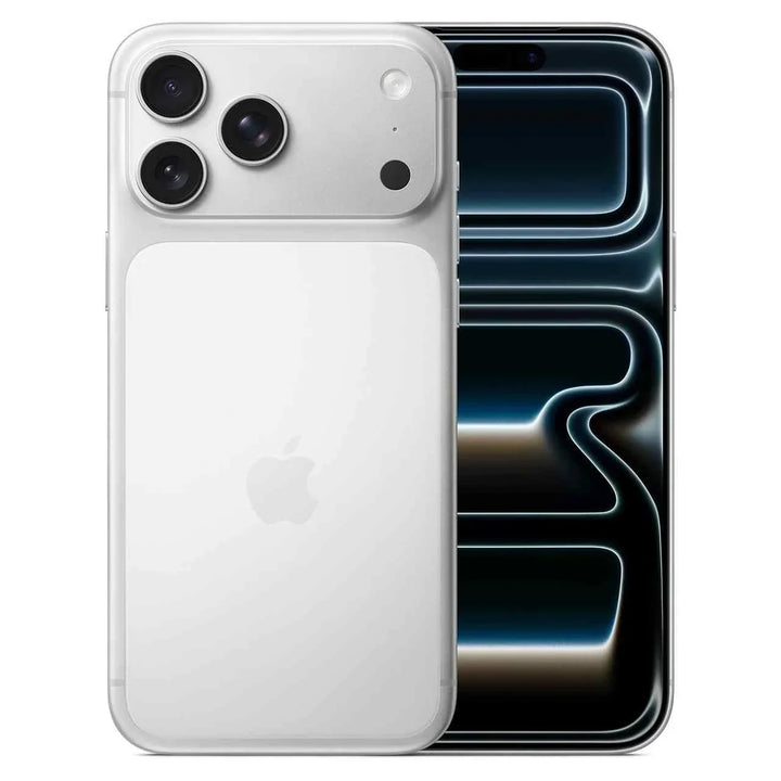 Apple iPhone 17 Pro Max white smartphone front and back with triple camera system and ceramic shield display