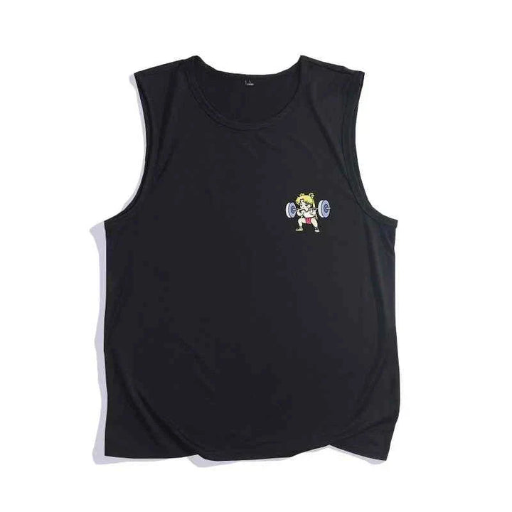Black sleeveless sports cut t-shirt with a cartoon girl weightlifting design, made of soft cotton for comfortable casual and gym wear.