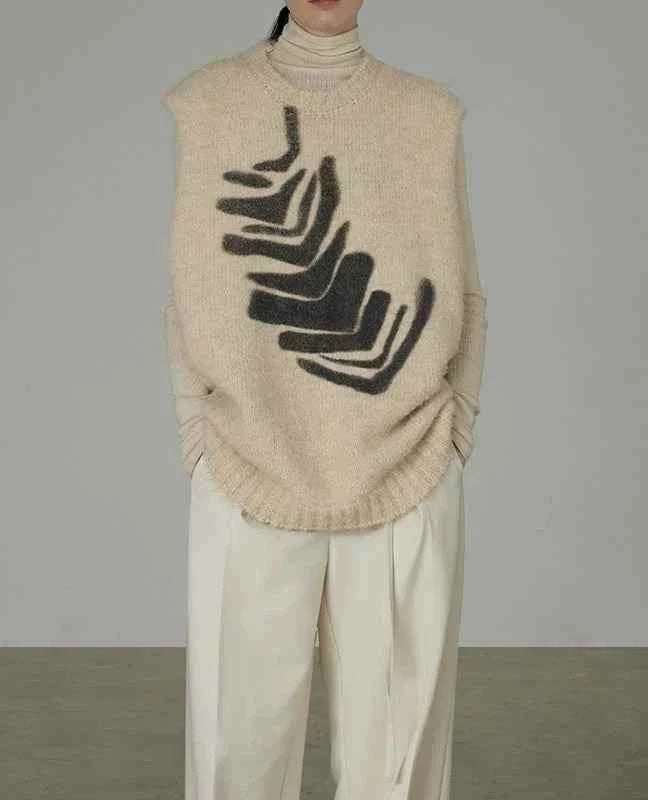 سترة محبوكة نسائي بدون أكمام بنقشة عصرية من Ruoshi بلون بيج مع تصميم واسع ونسيج ناعم دافئ