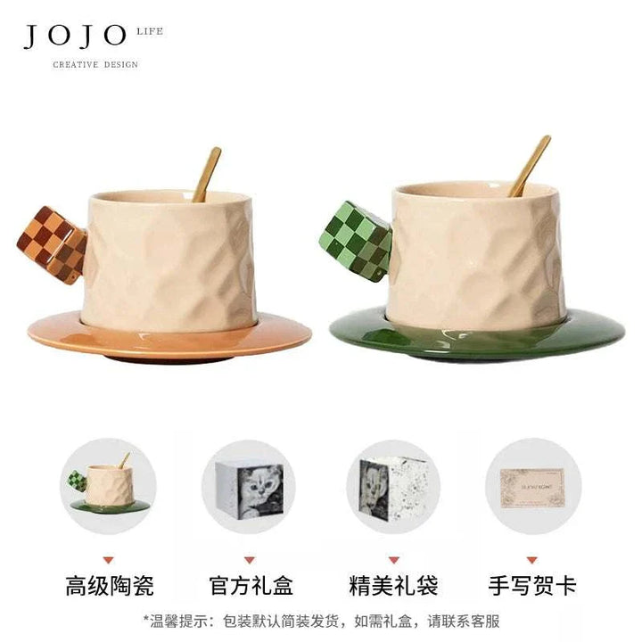 فنجان قهوة JOJO بتصميم مكعب شطرنج سيراميك فاخر مع صحن وملاعق ملونة