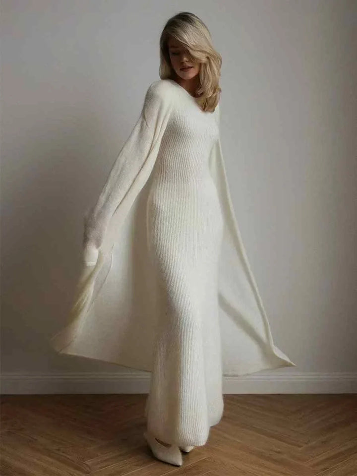 طقم فستان وتوب محبوك أبيض أنيق بأسلوب أوروبي أمريكي طويل ومريح Fashion