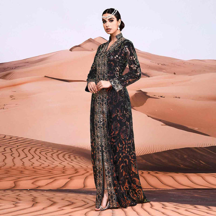 Luxurious black caftan with sequins and gold embroidery, ideal for high-end occasions.