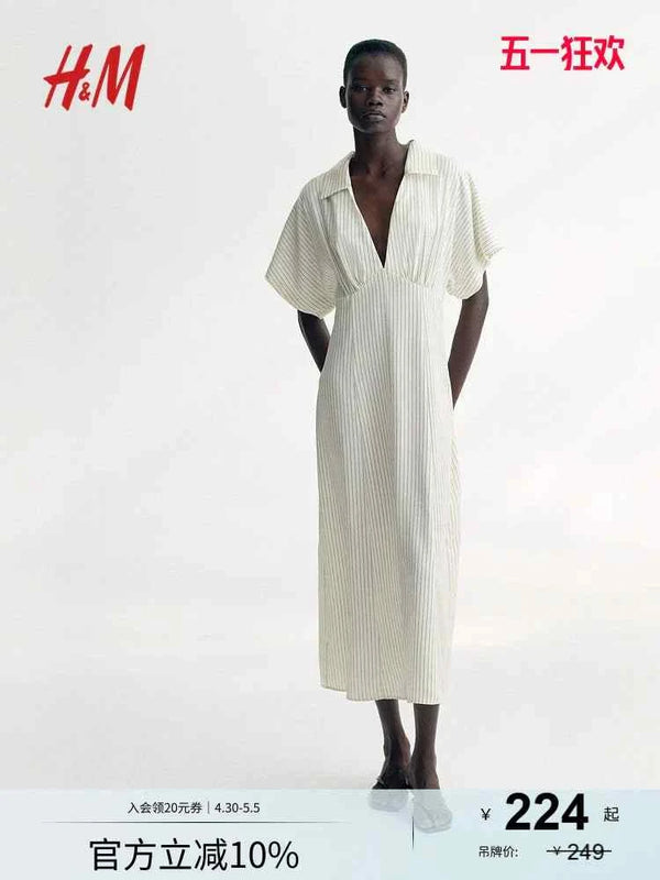 V-neck twill shirt dress in off-white/black stripes, featuring short sleeves and midi length.