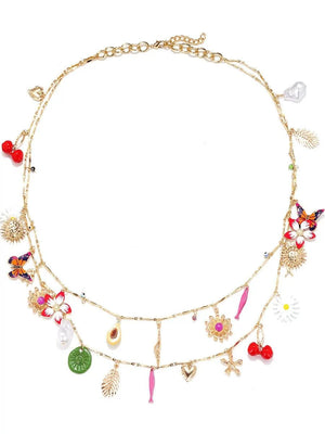 عقد ذهبي طبقتين بدلايات ملونة متنوعة Charm Necklace.