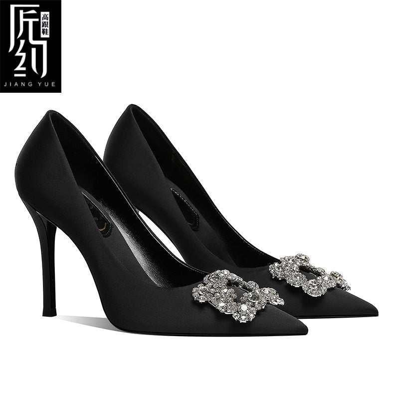 Christiana حذاء كعب عالي Jiang Yue أسود بكرستال فاخر.