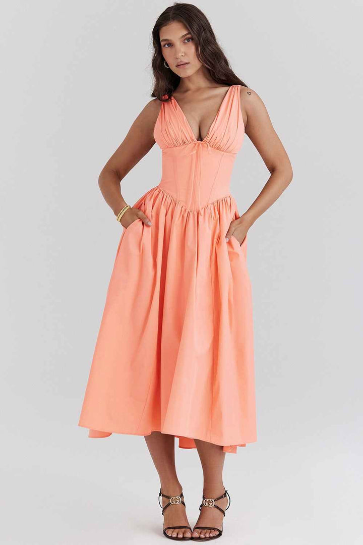 European and American style fashion V-neck summer dress with slim fit and print design.