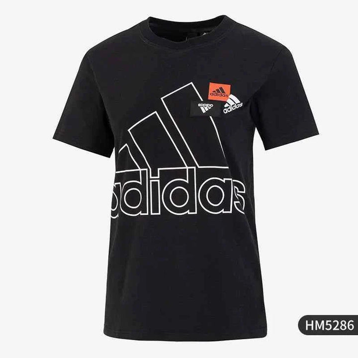 Black Adidas t-shirt with modern graffiti design and iconic three stripes on shoulders for casual and sportswear.