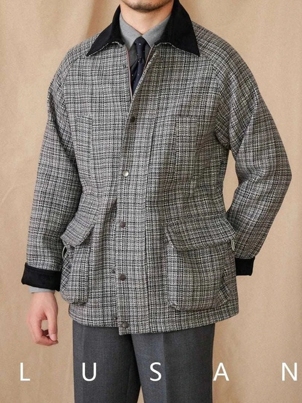 Mr. Lusan 50% wool British vintage jacket with grey tweed pattern and black velvet collar