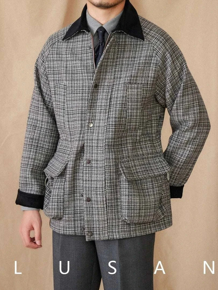 Mr. Lusan 50% wool British vintage jacket with grey tweed pattern and black velvet collar