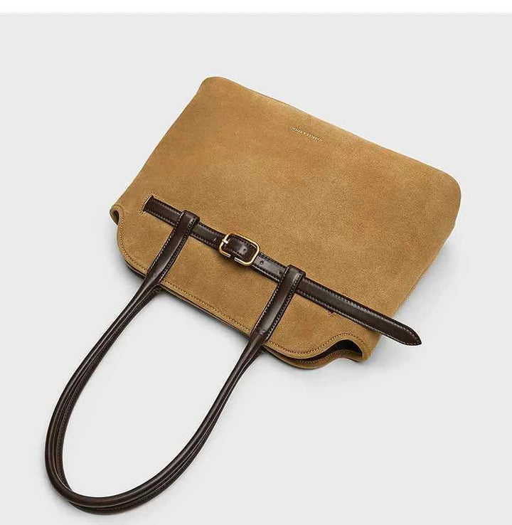 CHARLES&KEITH large beige shoulder bag with dark brown belt and gold buckle, leather material, elegant design