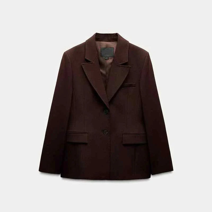 women's European and American style dark brown blazer with lapel collar and button closure