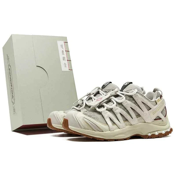Limited edition Salomon XA Pro 3D sneakers in cream and beige with brown accents, inspired by traditional Japanese craftsmanship.