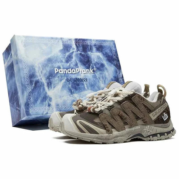 Salomon XA Pro 3D Ice Warrior Limited Edition hiking shoes in earthy brown and cream tones with Contagrip sole and rope-lace design.