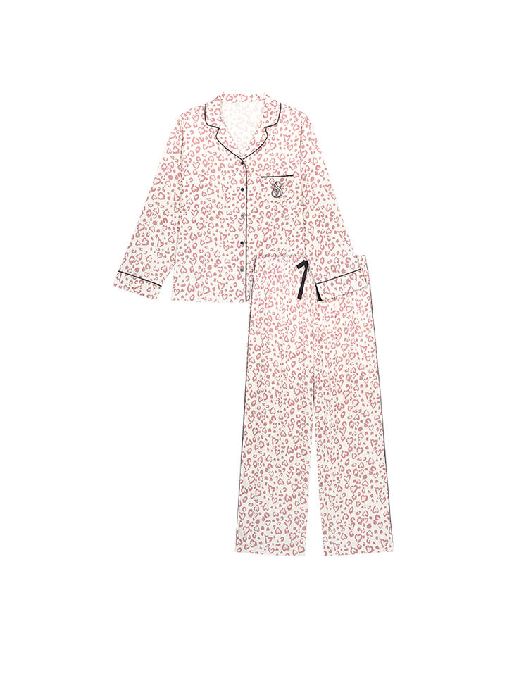 Victoria's Secret women's satin leopard print pajamas set with black piping, silky and anti-static homewear