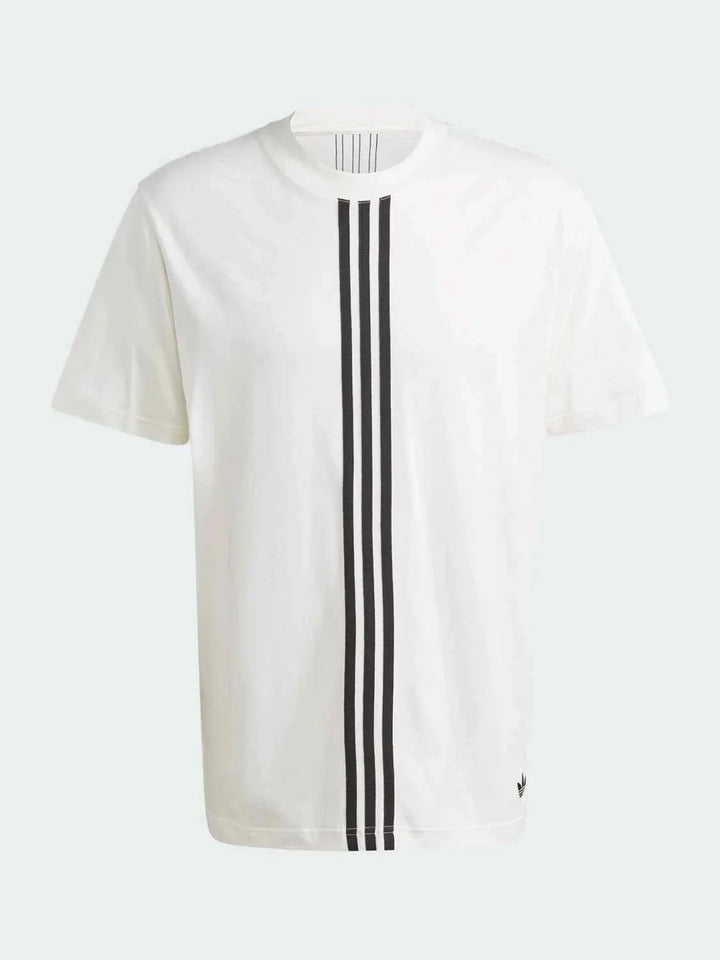 White Adidas تيشيرت أديداس classic t-shirt with three vertical black stripes and soft cotton fabric.