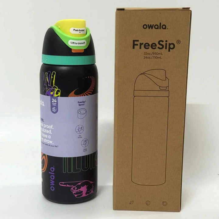 Owala Thermos CupKitty Limited Edition with FreeSip dual drinking spout, leak-proof stainless steel bottle keeping drinks cold for 24 hours, BPA-free and portable.