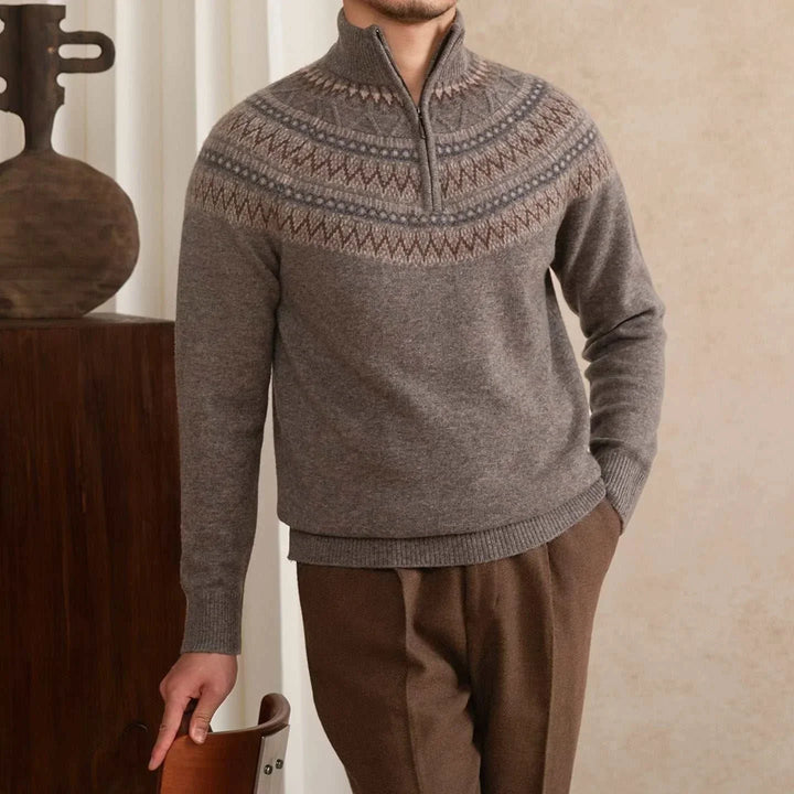 Mr. Lu San 100% wool slim sweater with Scandinavian pattern and half-zip collar in gray color