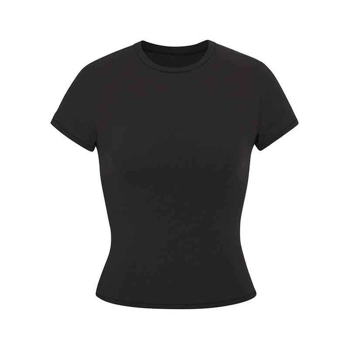 Black Skims short sleeve slimming shapewear t-shirt with crew neck for a sleek, comfortable fit