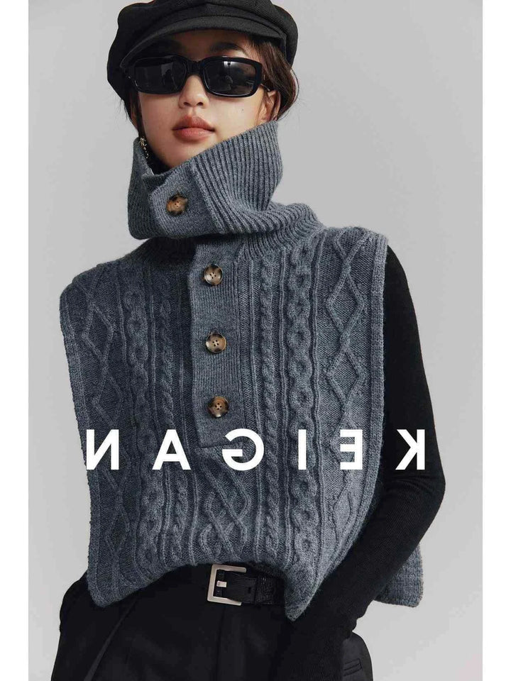 Ruoshi سترة محبوكة نسائية كاجوال أنيقة برقبة عالية وأزرار أمامية باللون الرمادي