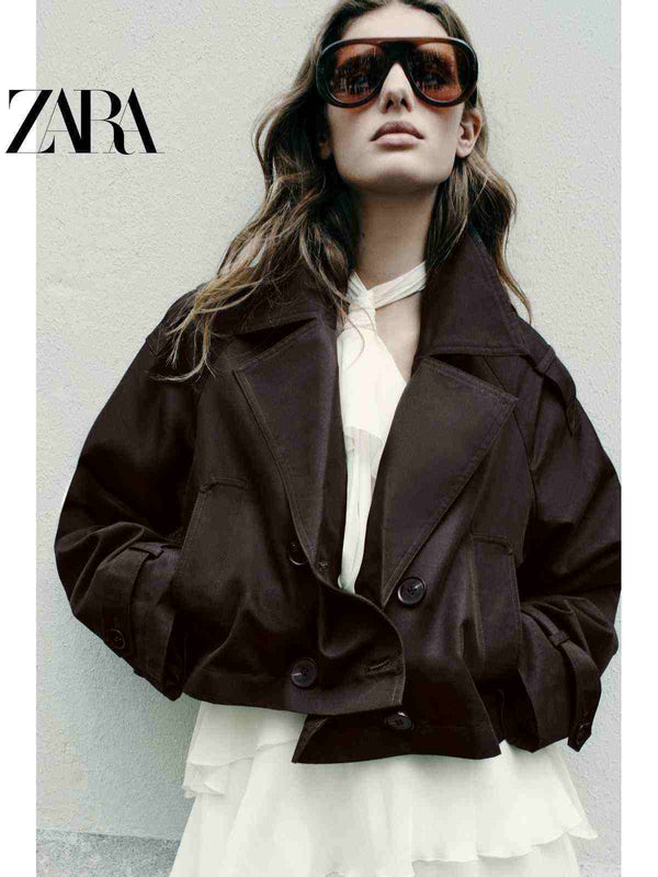 جاكيت ترنش نسائي كلاسيكي بأكمام طويلة بسحاب من ZARA2025 Autumnبلون بني داكن