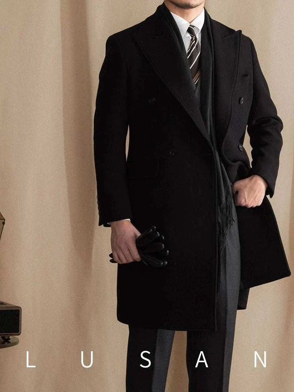 Mr. Lusan coat black double-breasted wool coat with wide lapel and tailored fit for men