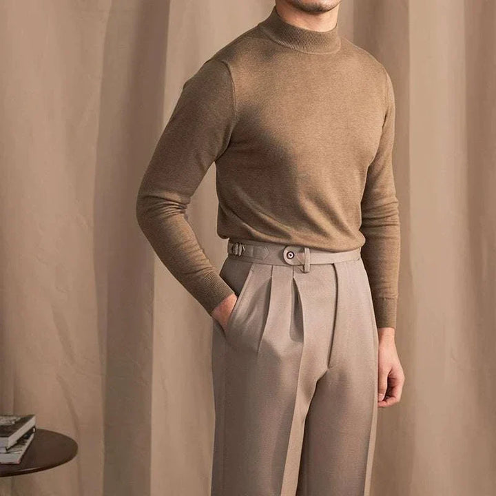 Mr. Lu San's 30% wool slim fit half-high neck sweater in beige on male model