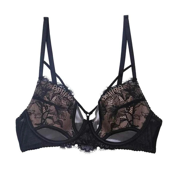 Black Kardashian SKIMS gathered lace cutout lingerie bra with adjustable straps and breathable mesh sides