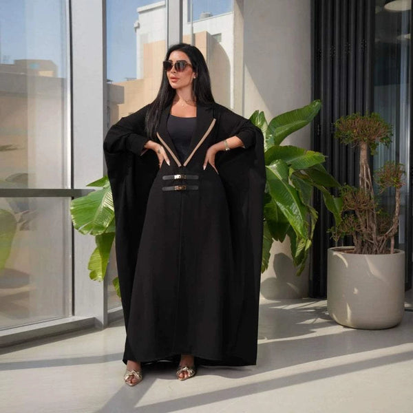 Middle Eastern Black Robe Modest European and American Fashion Cardigan Leather Buckle Turkish Bat Sleeve Dress Black Robe