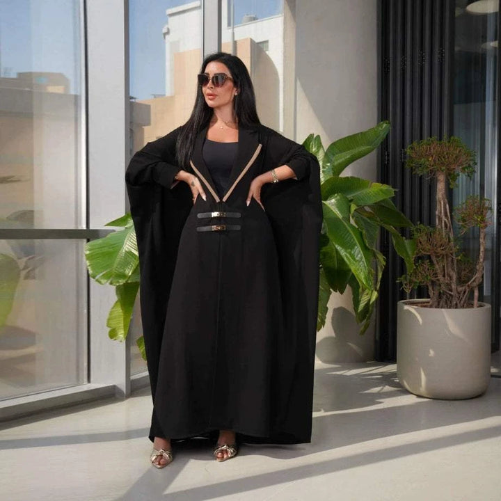 Middle Eastern Black Robe Modest European and American Fashion Cardigan Leather Buckle Turkish Bat Sleeve Dress Black Robe