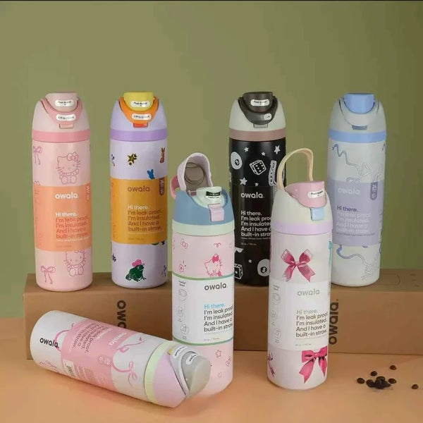Owala Thermos Cup limited edition stainless steel insulated bottles with leak-proof lids and dual sipping options in various colorful designs
