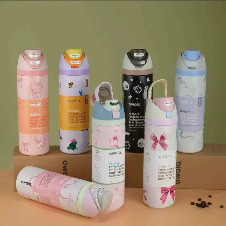 Owala Thermos Cup limited edition stainless steel insulated bottles with leak-proof lids and dual sipping options in various colorful designs