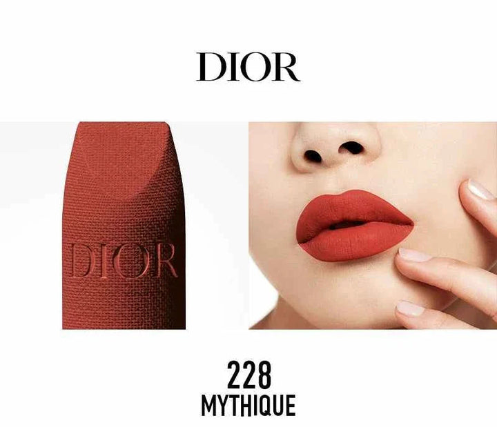 Close-up of Rouge Dior Classic lipstick shade 228 Mythique with textured embossed logo and model wearing bold red matte lipstick