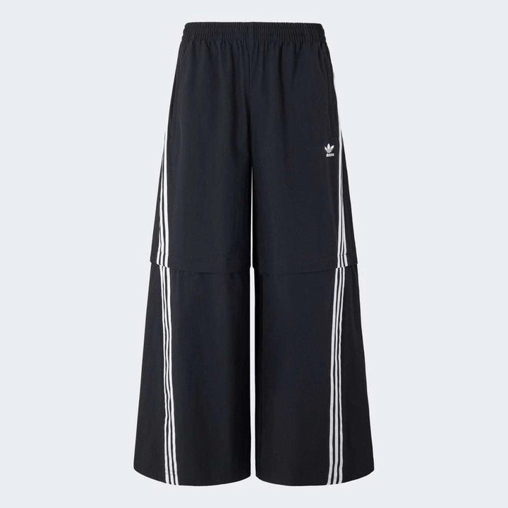 بنطال رياضي Adidas قابل للفصل للرجال والنساء باللون الأسود مع شعارات أديداس وخطوط بيضاء طولية