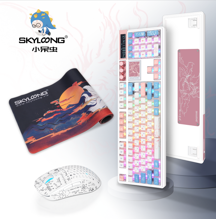 Skyloong GK104Pro customizable full-size mechanical keyboard with RGB backlit keys, LCD screen, and detachable knob, paired with themed mouse and mouse pad.