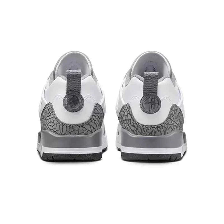 Nike men's JORDAN SPIZIKE LOW shoes, rear view, white and anthracite color, featuring iconic design elements.