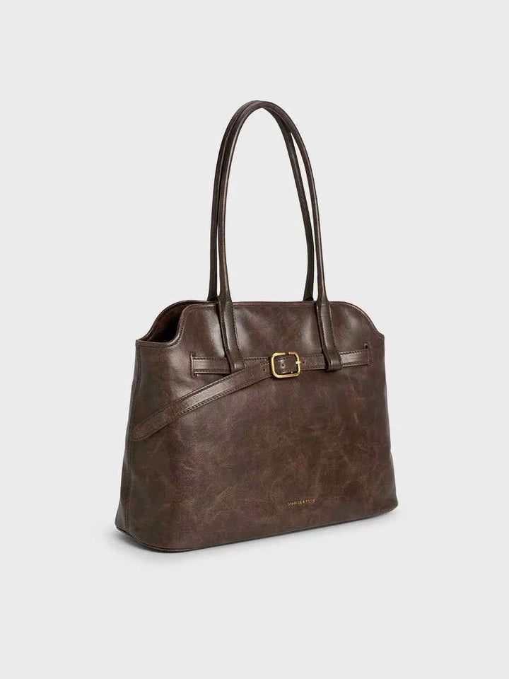 CHARLES&KEITH large brown leather shoulder bag with waist strap and gold buckle detailing