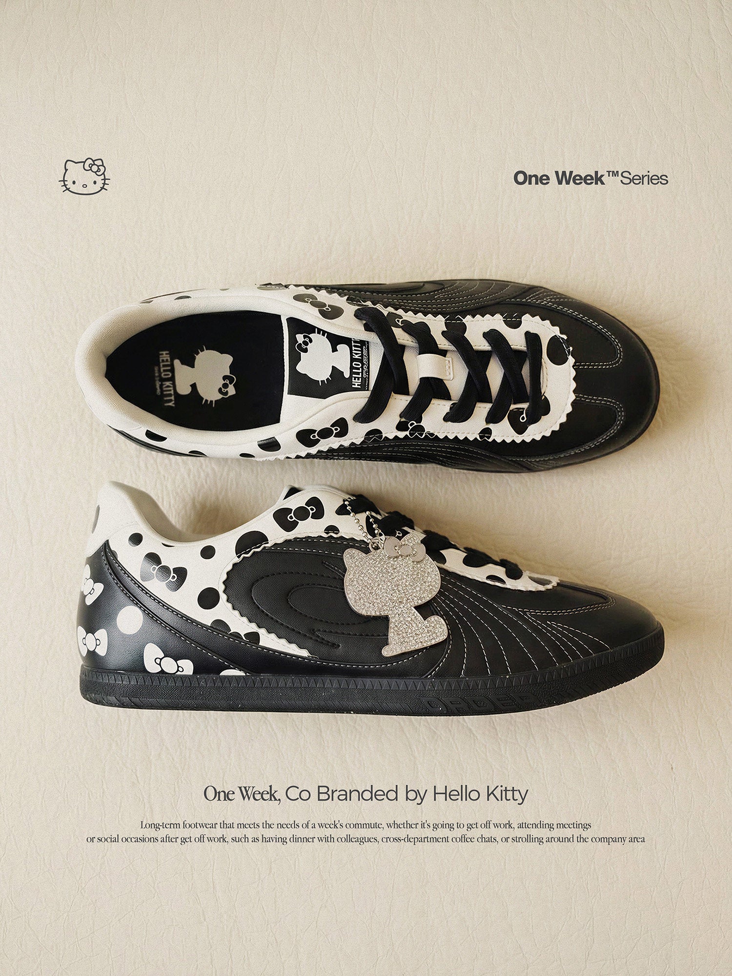 حذاء Hello Kitty x OLD ORDER أسود وأبيض نسائي كاجوال