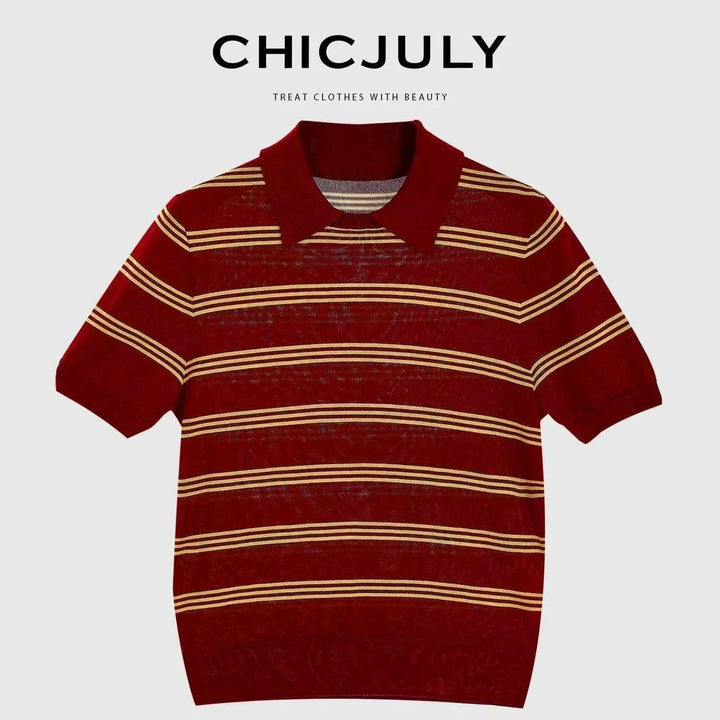 Bordeaux red CHICJULY striped short-sleeve polo shirt for casual elegant spring-summer 2025/26 look