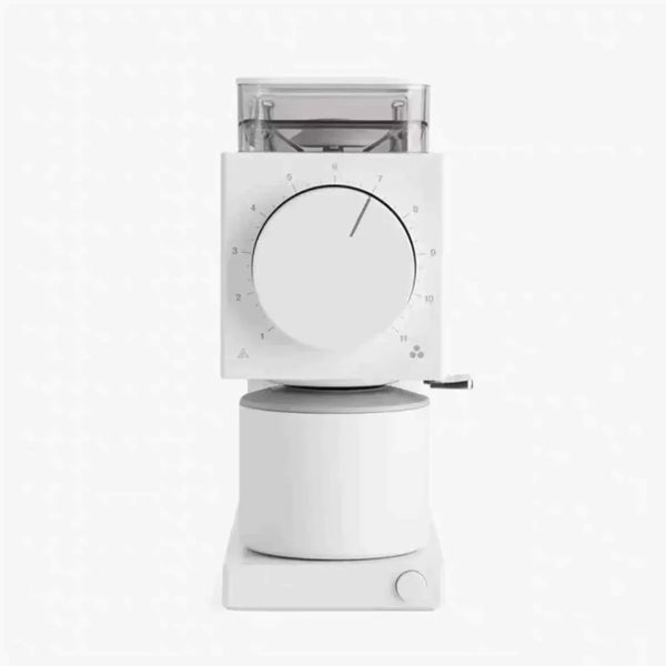 2nd Generation Ode 64mm coffee grinder in white with large grind adjustment dial and compact design for precise drip coffee brewing
