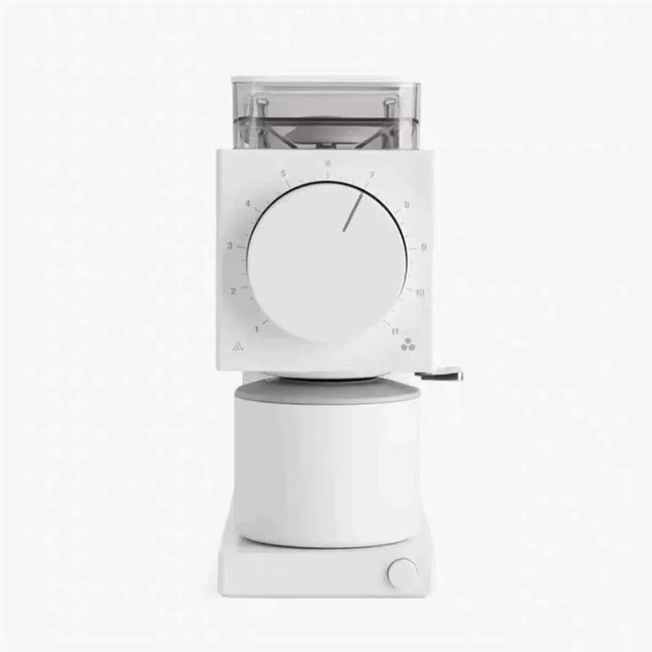 2nd Generation Ode 64mm coffee grinder in white with large grind adjustment dial and compact design for precise drip coffee brewing