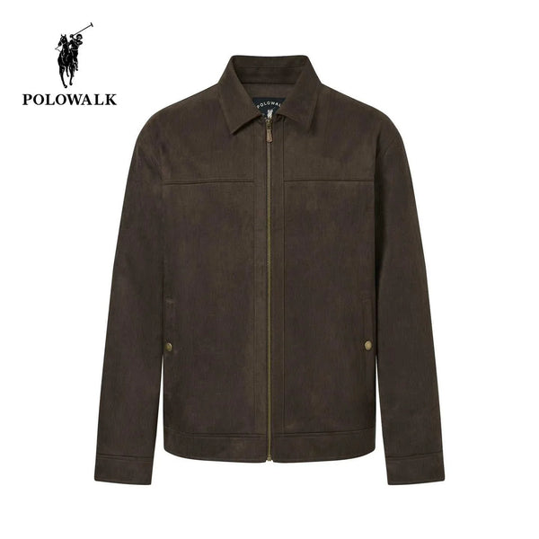 POLOWALK جاكيت رجالي فاخر شامواه بني بتصميم كلاسيكي وسحاب معدني